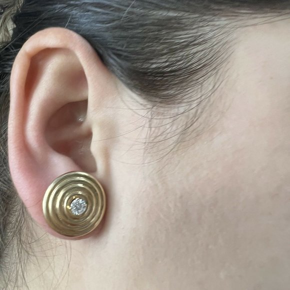 GORGEOUS! 14K Yellow Gold Vintage Round Disc .36CTW Diamond Earring Studs 17mm - Picture 4 of 4